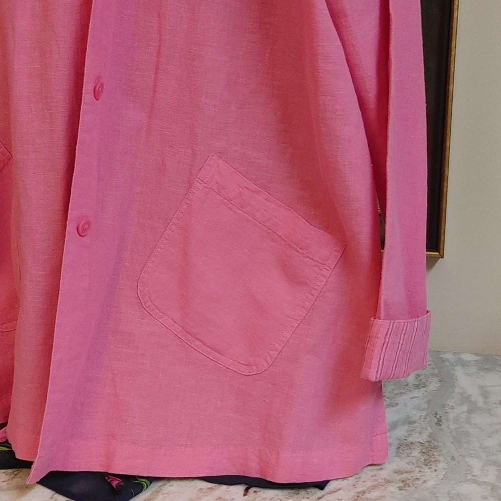 Denim & Co. Pink Oversized Linen Cotton Shirt Patch Pockets Size M - Picture 9 of 15